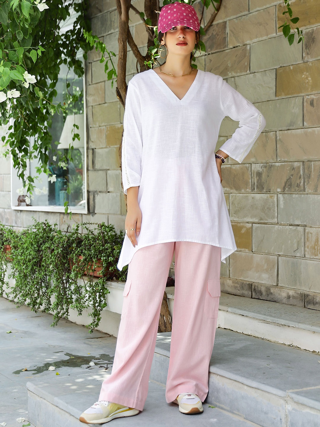 

Gulaal Pure Cotton V-Neck Top With Trouser, White
