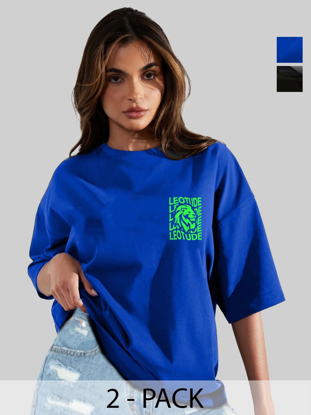 

Leotude Women Pack Of 2 Graphic Printed Round Neck Cotton Oversized T-shirts, Blue