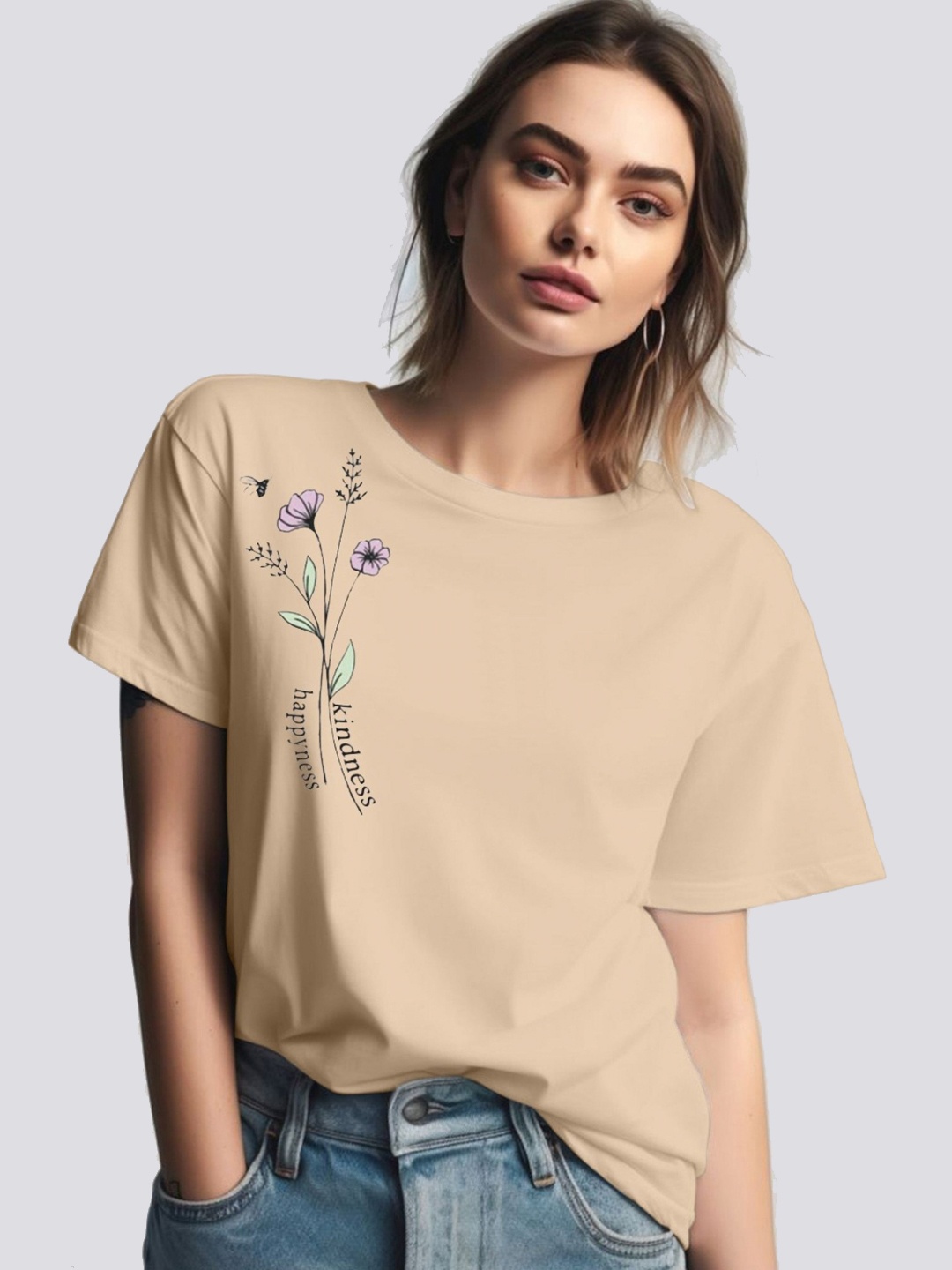 

Moda Rapido Women Floral Printed Round Neck Cotton T-shirt, Cream