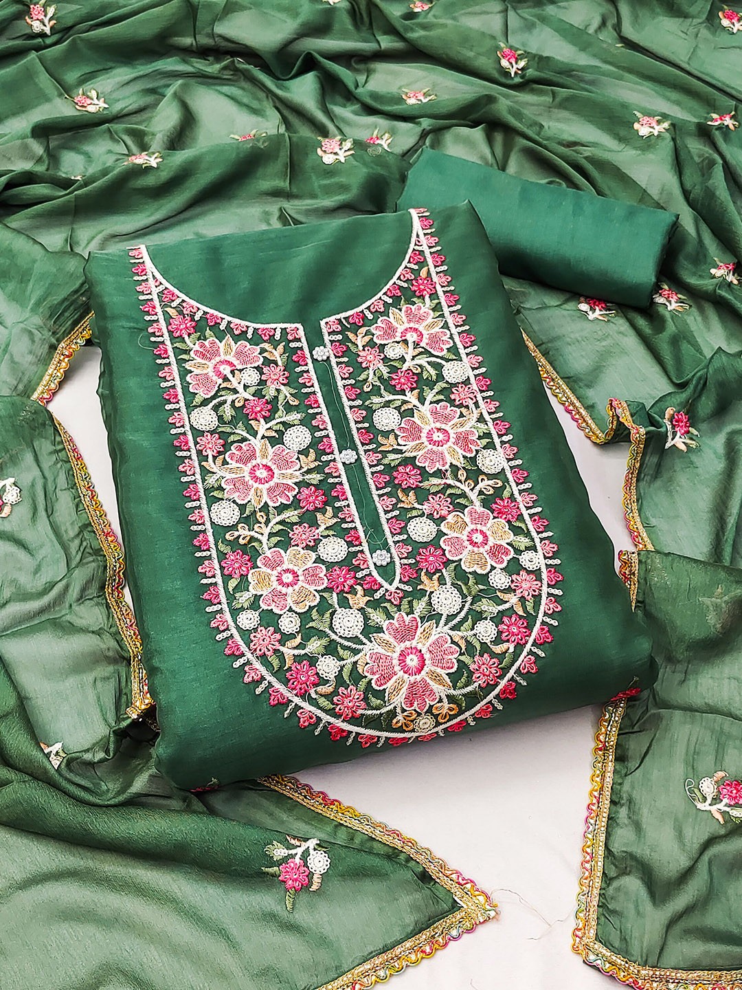 

SAINOOR Floral Embroidered Thread Work Organza Semi-Stitched Dress Material, Green