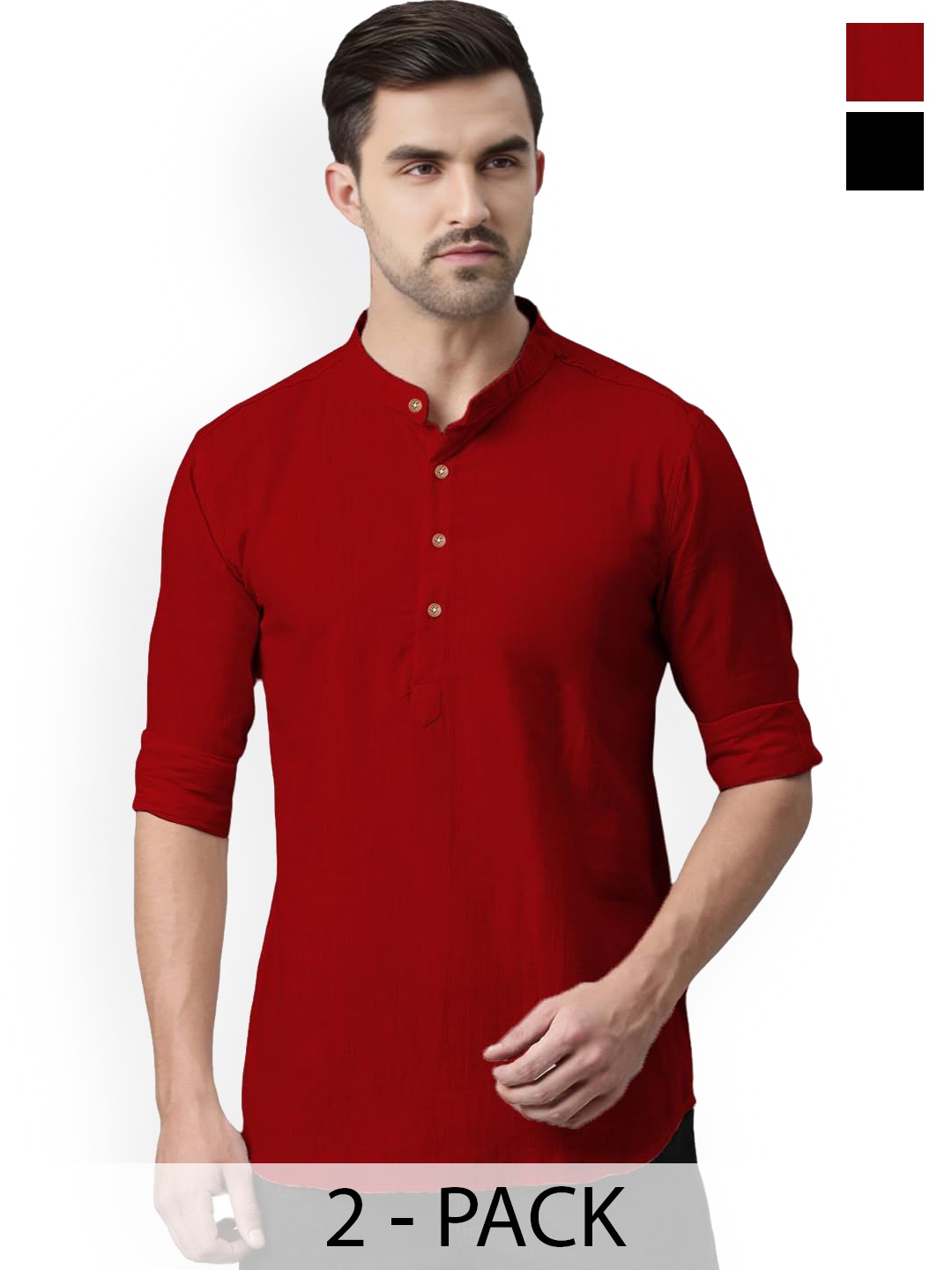 

Vida Loca Selection Of 2 Cotton Slim Fit Mandarin Collar Short Kurtas, Red