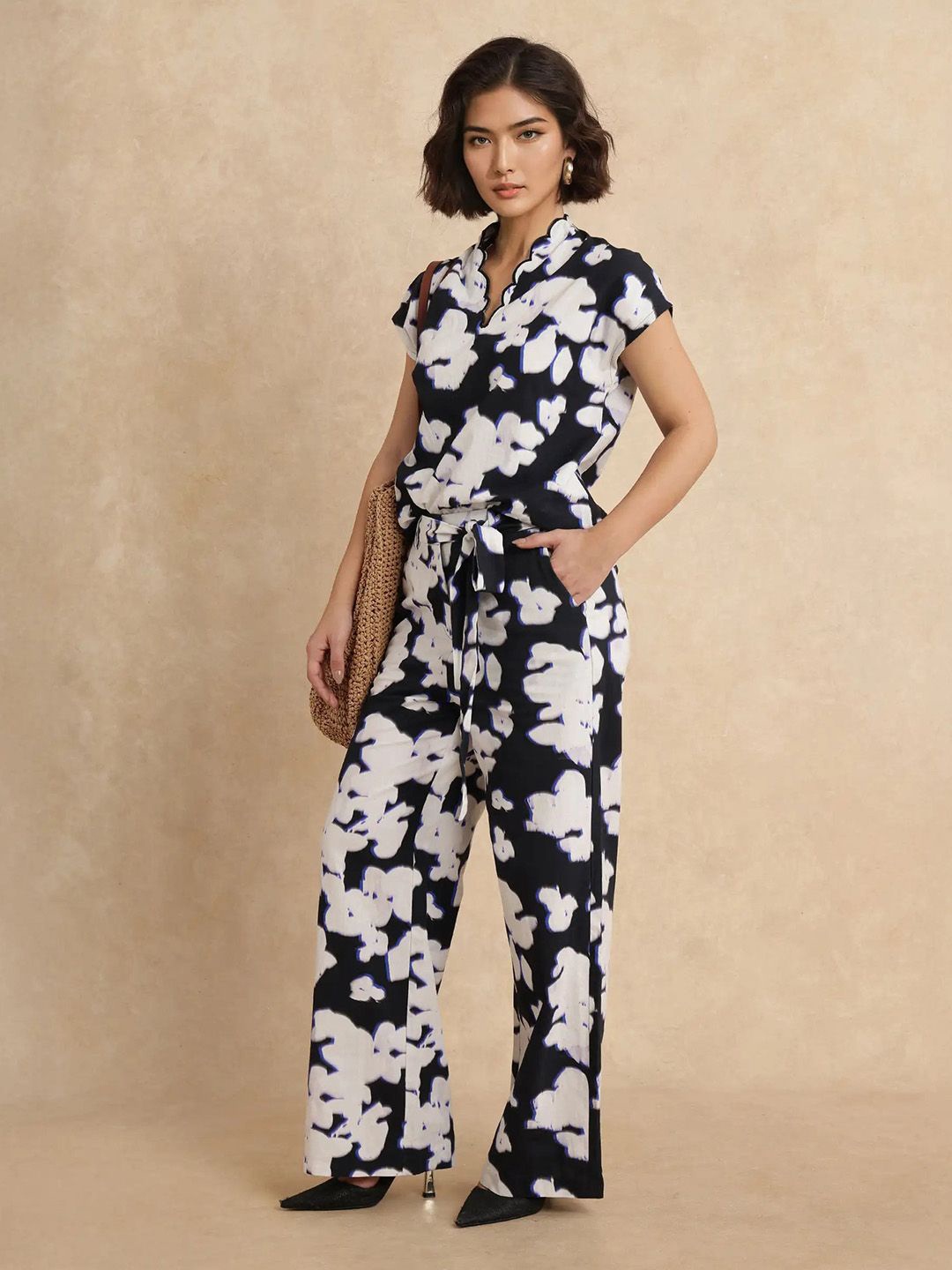 

RAREISM Women Cotton Printed Basic Jumpsuit, Black