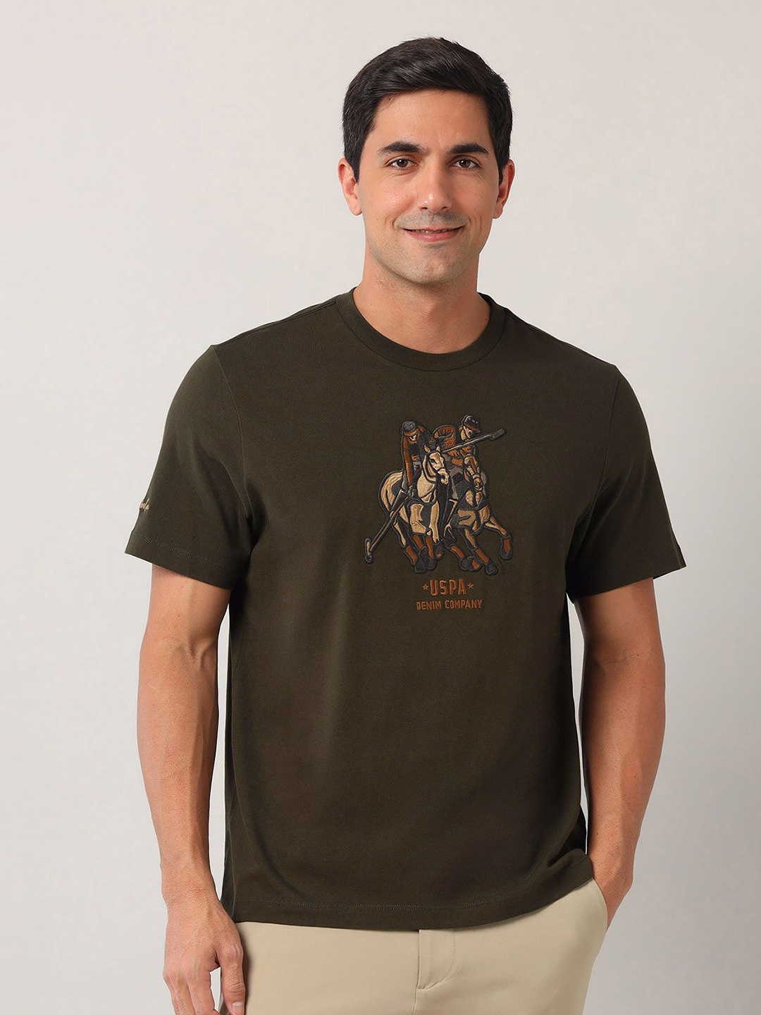 

U.S. Polo Assn. Denim Co. Men Graphic Printed Round Neck Cotton Relaxed Fit T-shirt, Green
