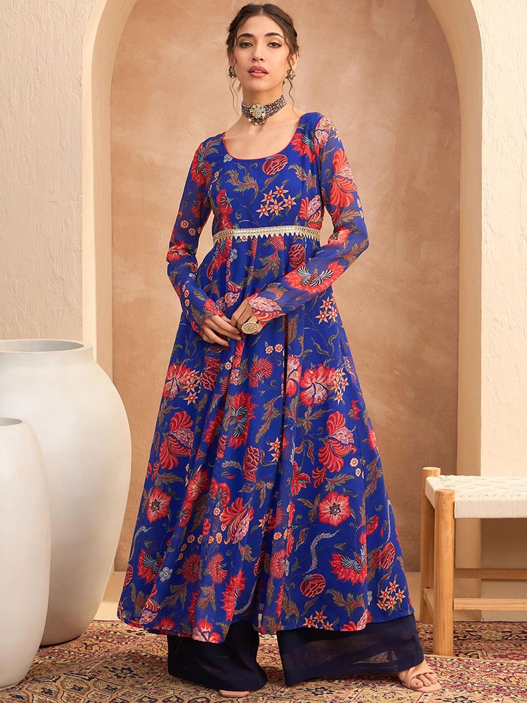 

Shae by SASSAFRAS Floral Printed Scoop Neck Georgette Anarkali Kurta, Blue