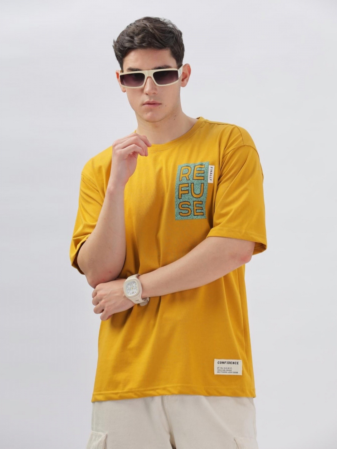 

COLOR HUNT Men Typography Printed Round Neck Cotton Oversized T-shirt, Yellow