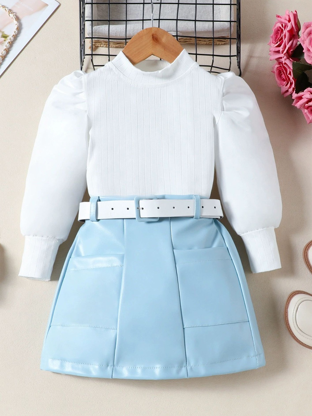 

LULU & SKY Girls Striped Self Design High Neck Top With Coated Skirt, Blue