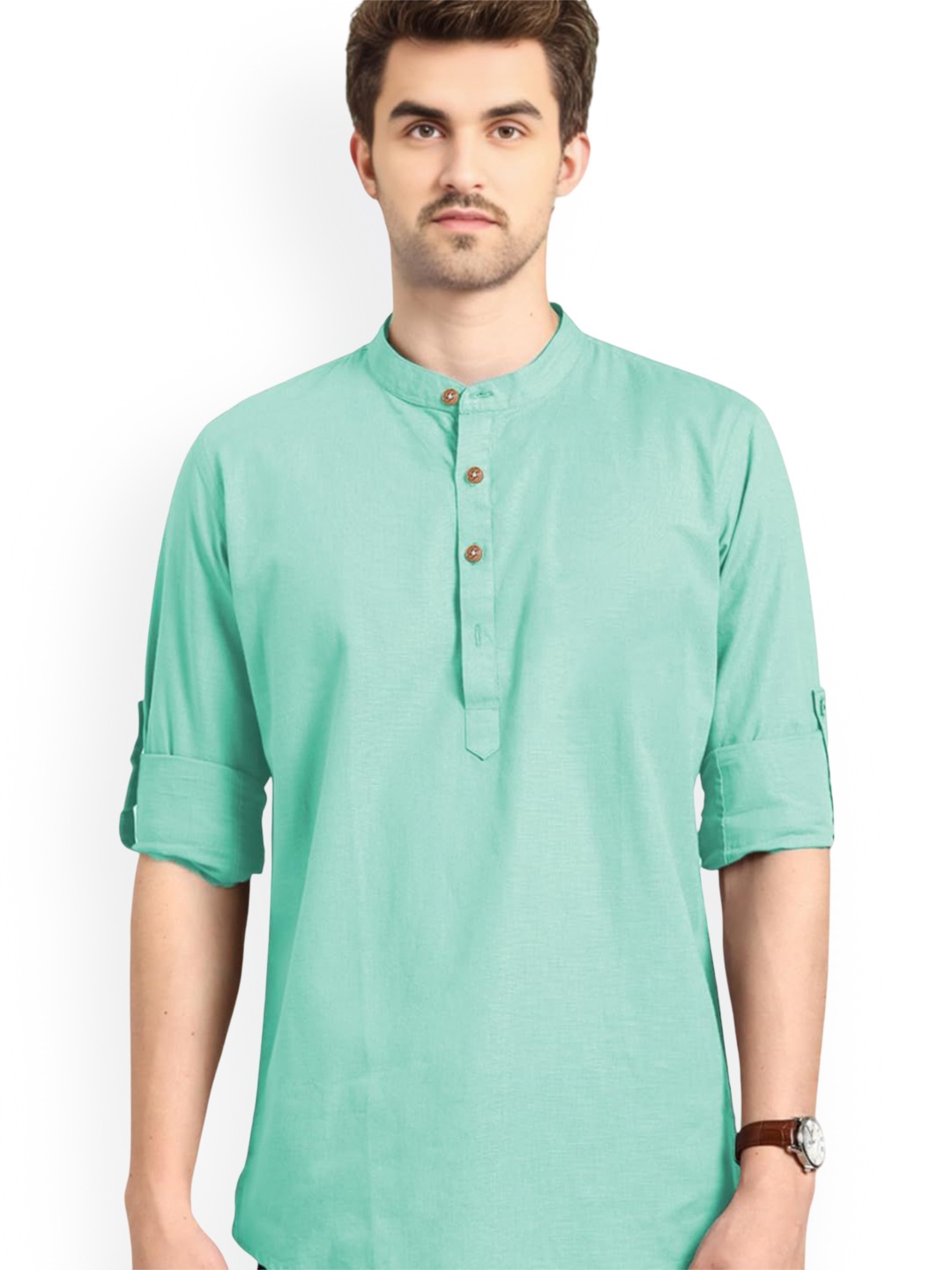 

Vida Loca Band Collar Rolled-Up Sleeves Slim Fit Pure Cotton Short Kurta, Lime green