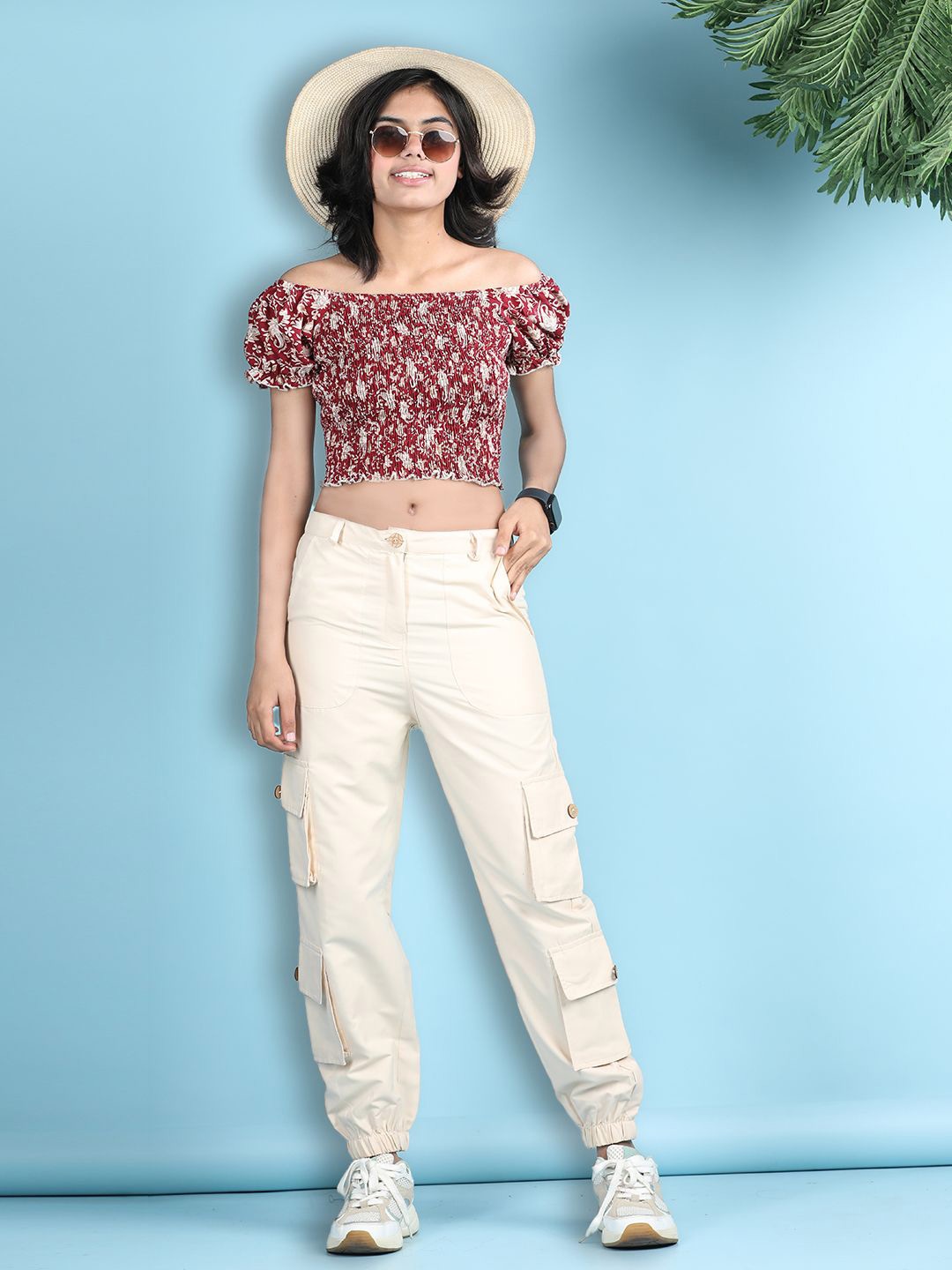 

Cutiekins Girls Printed Off-Shoulder Smocked Crop Top With Joggers, Maroon