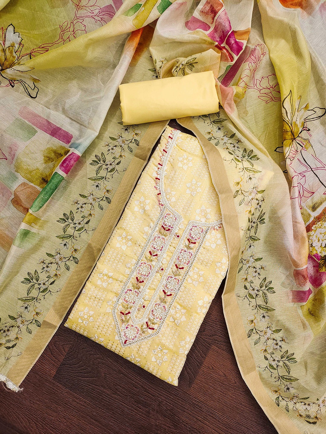 

SAINOOR Woven Design Sequinned Pure Silk Semi-Stitched Dress Material, Yellow