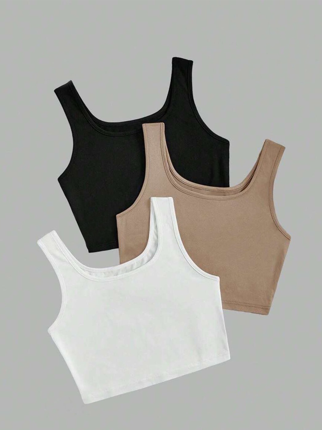 

KERI PERRY Women Pack Of 3 Round Neck Cotton Crop Fitted Tops, Black