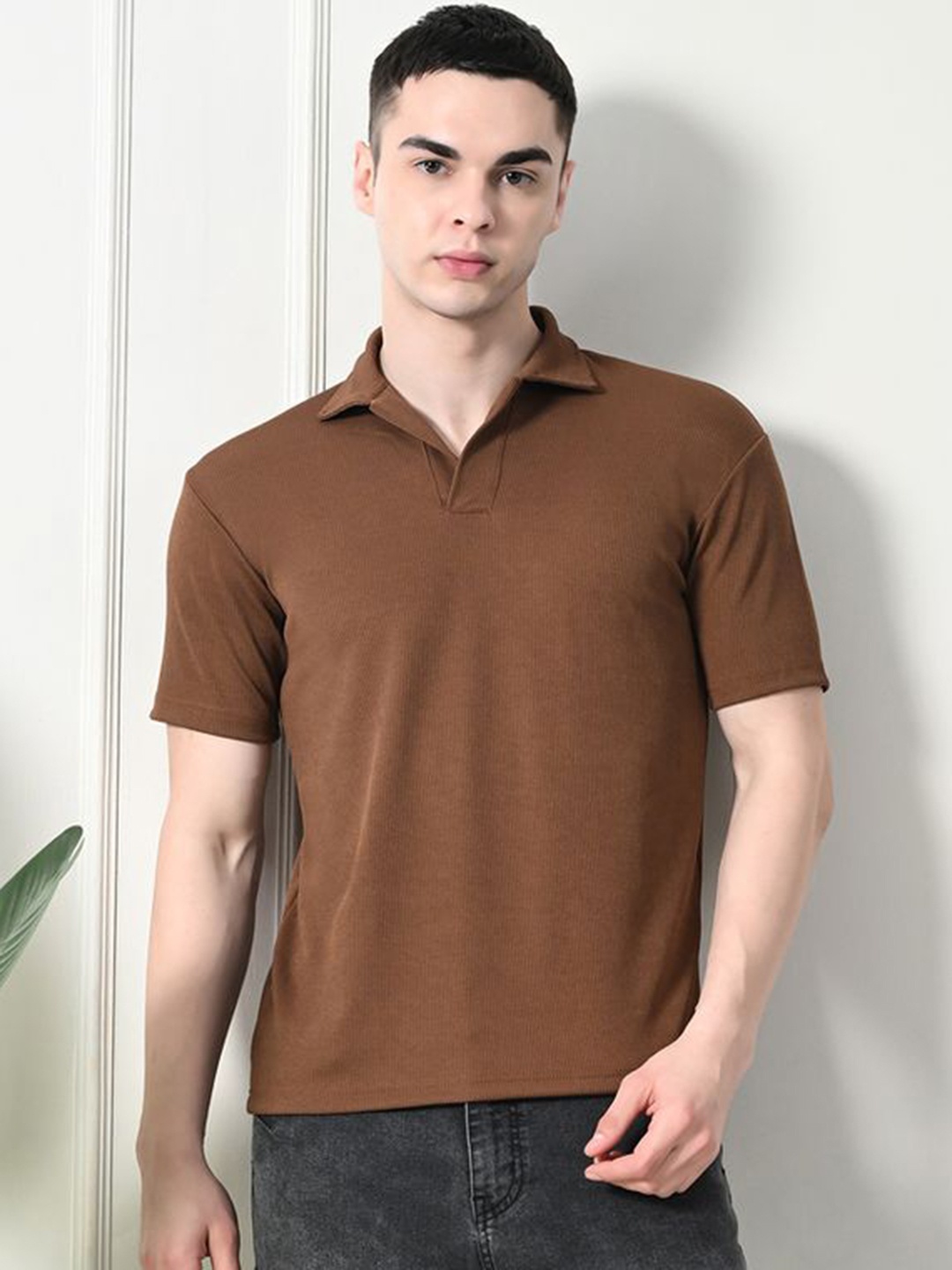 

Moda Rapido Men Self Design Polo Collar T-shirt, Brown