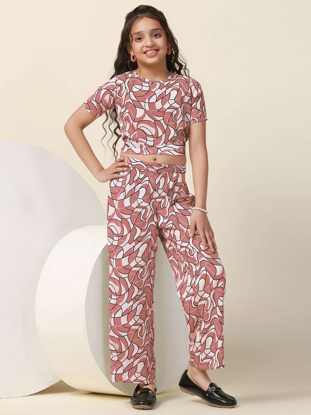 

YK Girls Abstract Printed Round Neck Top With Trousers, Maroon