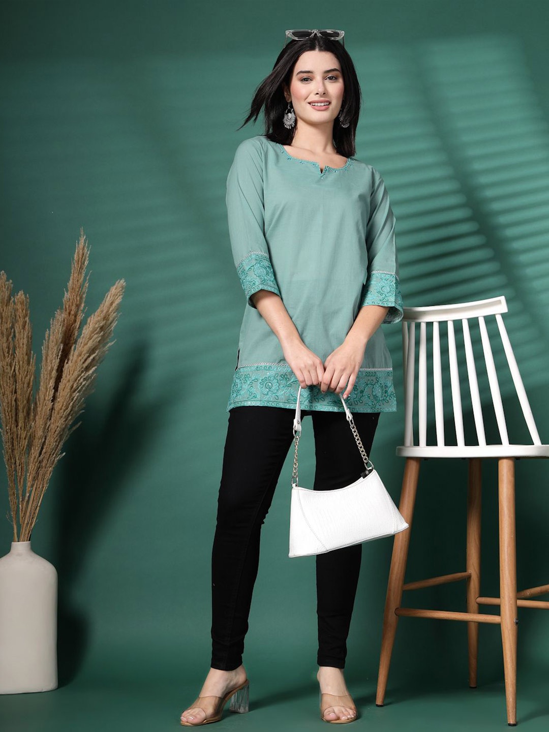 

Sangria Embroidered Cotton Top, Green