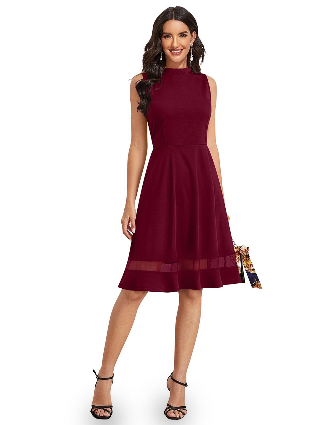 

S.K.C Women Fit & Flare Round Neck Ready to Wear Dress, Maroon