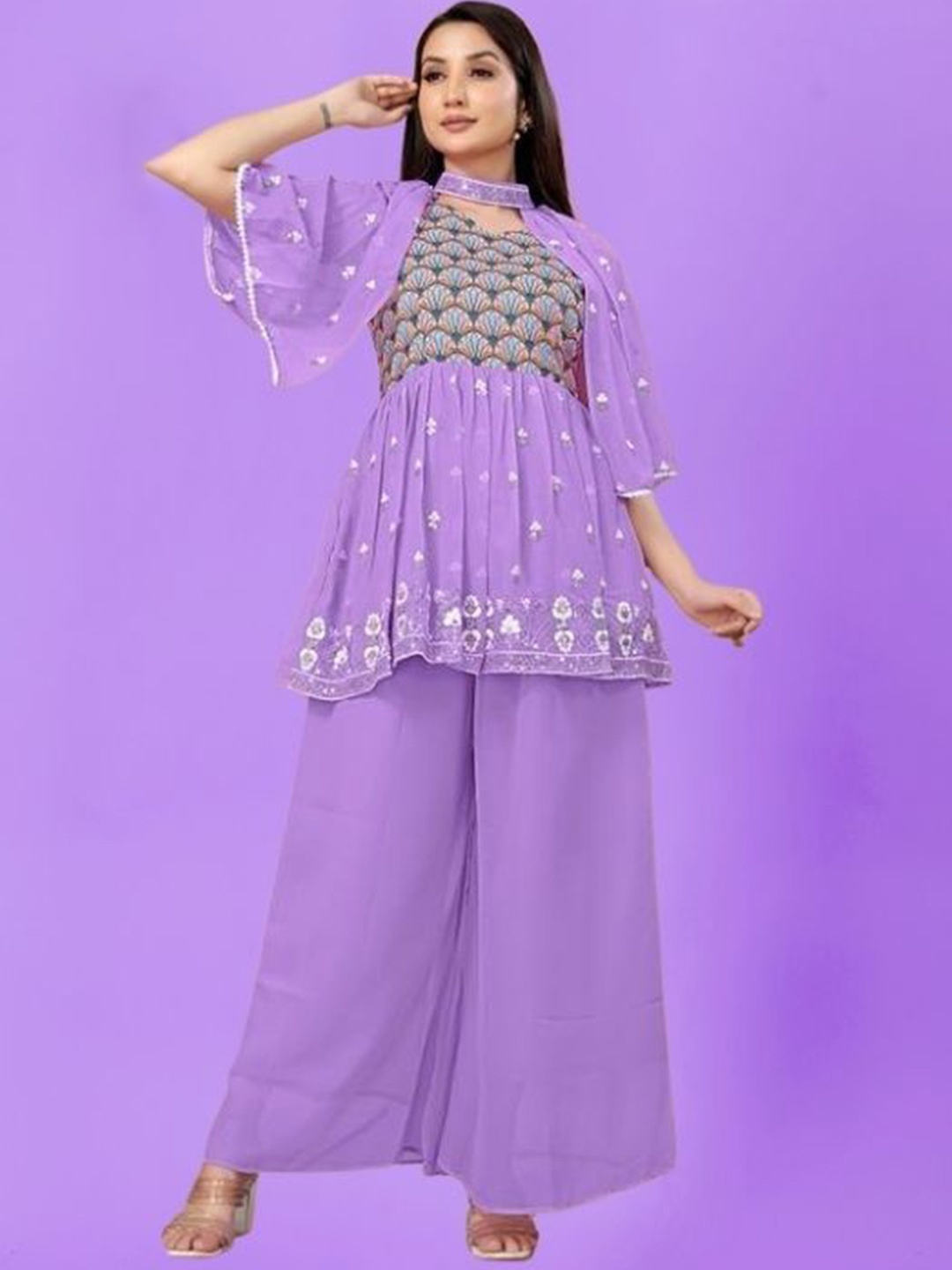 

PARROT CREATION Floral Embroidered V-Neck Georgette A-Line Kurti With Palazzo And Cape, Lavender