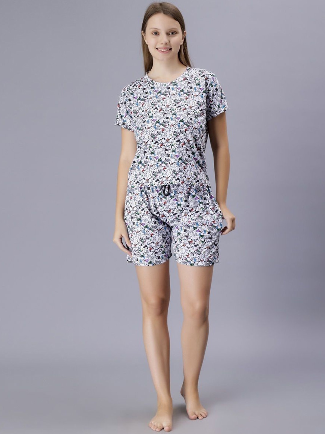 

XPIOX Printed T-shirt & Shorts Night suit, White