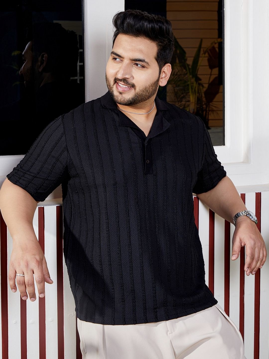 

Instafab Plus Men Plus Size Self Design Polo Collar Cotton Slim Fit T-shirt, Black