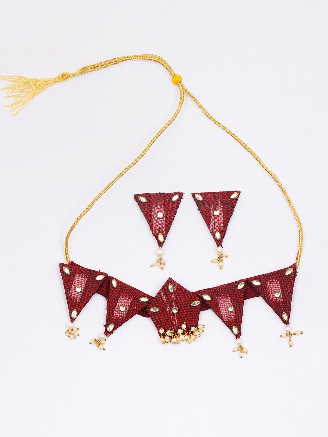 

Exotic India Stone Studded and Beaded Handloom Sambalpuri Fabric Choker Set With Earrings, Gold