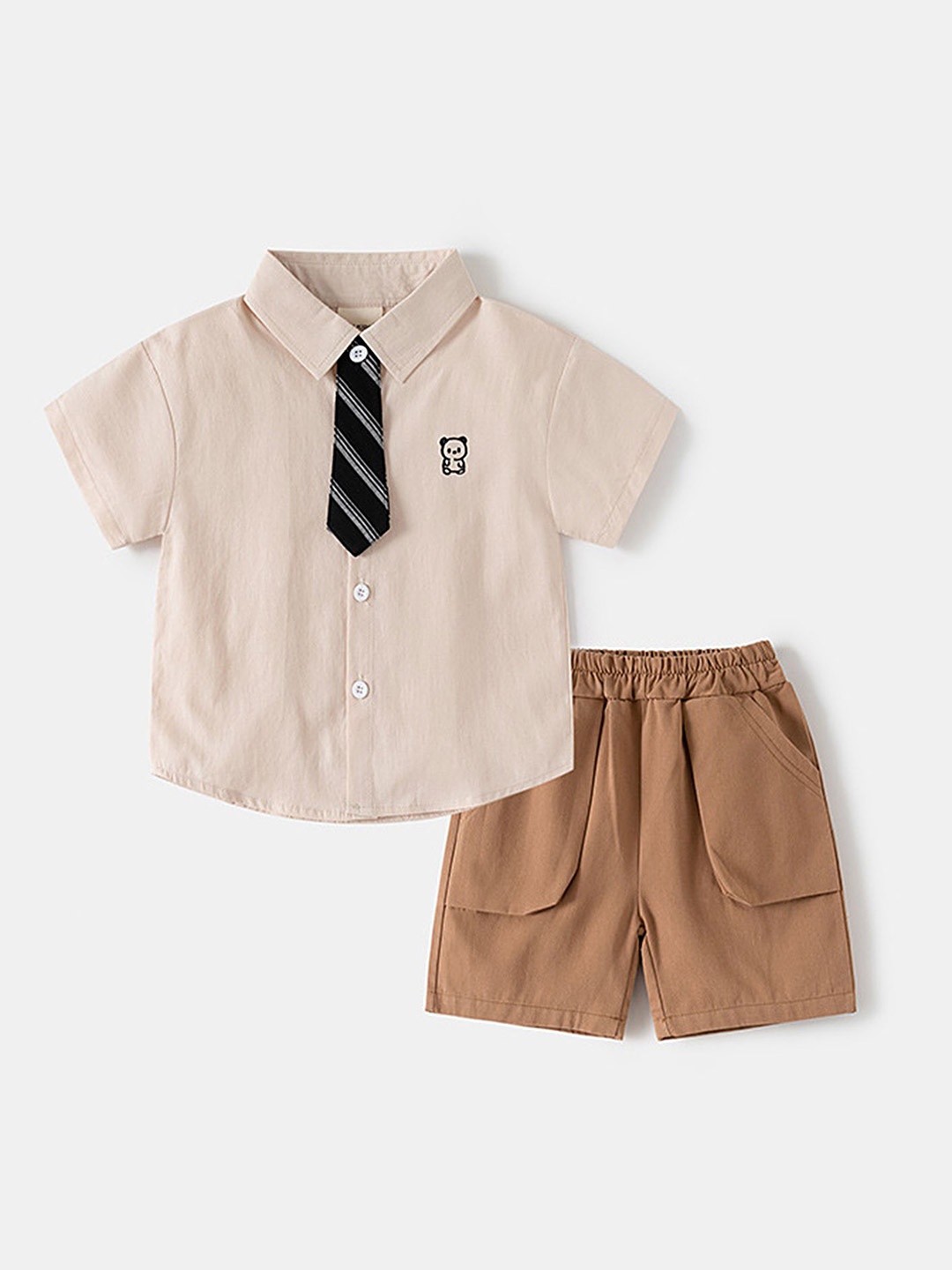 

LULU & SKY Boys Pure Cotton Shirt With Trousers, Beige