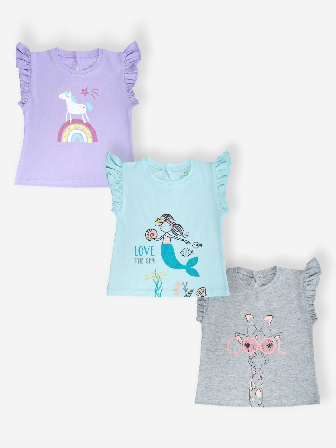 

YUV Kids Pack Of 3 Graphic Printed Round Neck Cotton T-shirts, Lavender