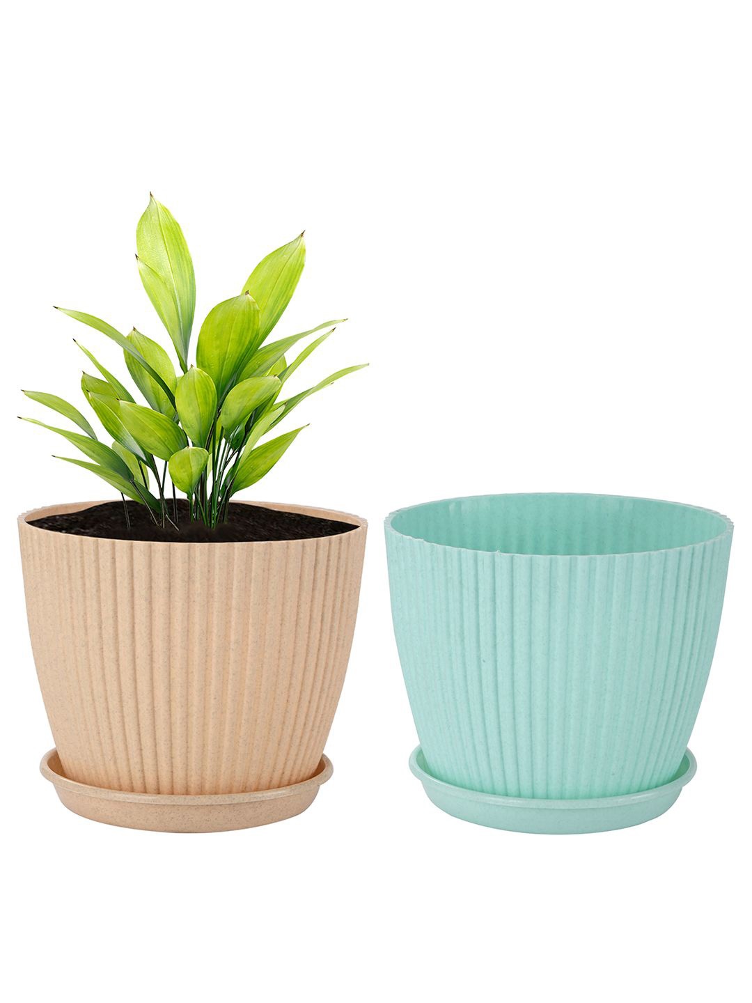 

Kuber Industries Beige & Green 2 Pieces Textured Durable Planters With Tray