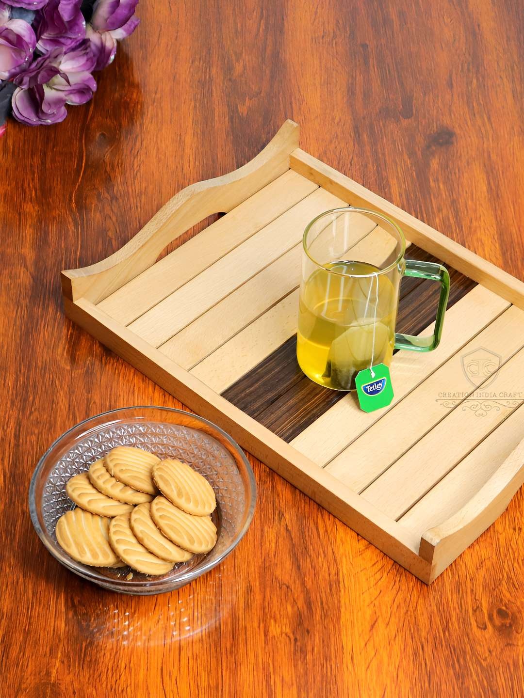 

Creation India Craft Brown & Beige Wooden Easy to Clean Serving Tray