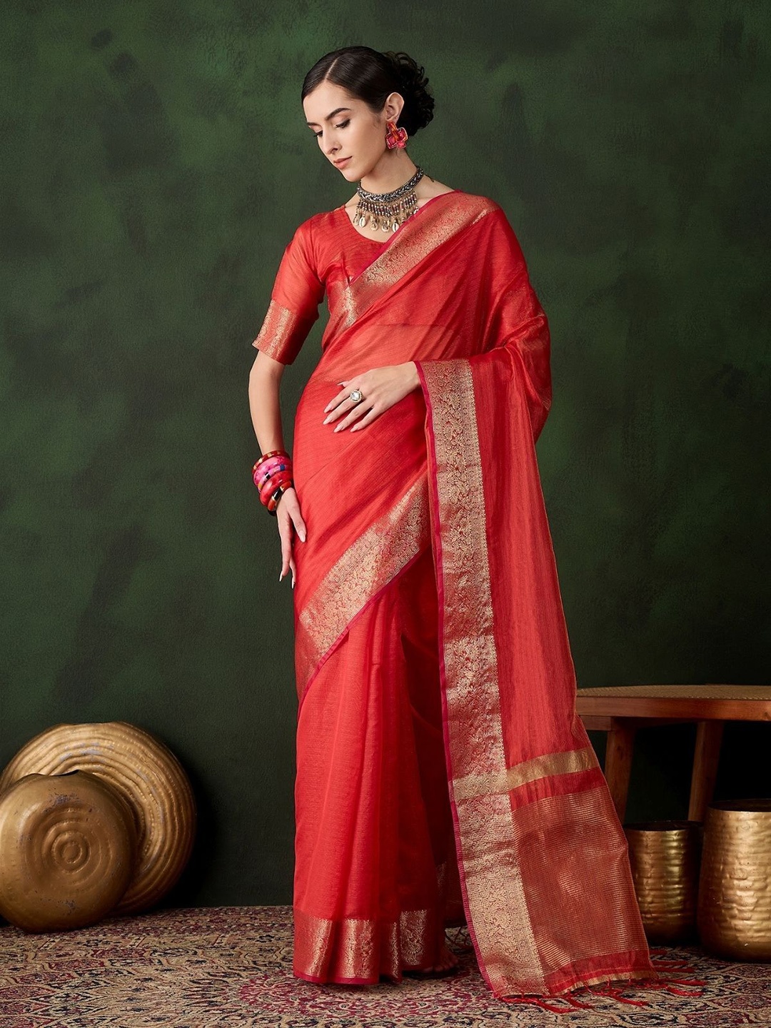 

ODETTE Red Organza Woven Design Zari Saree With Unstitched Blouse