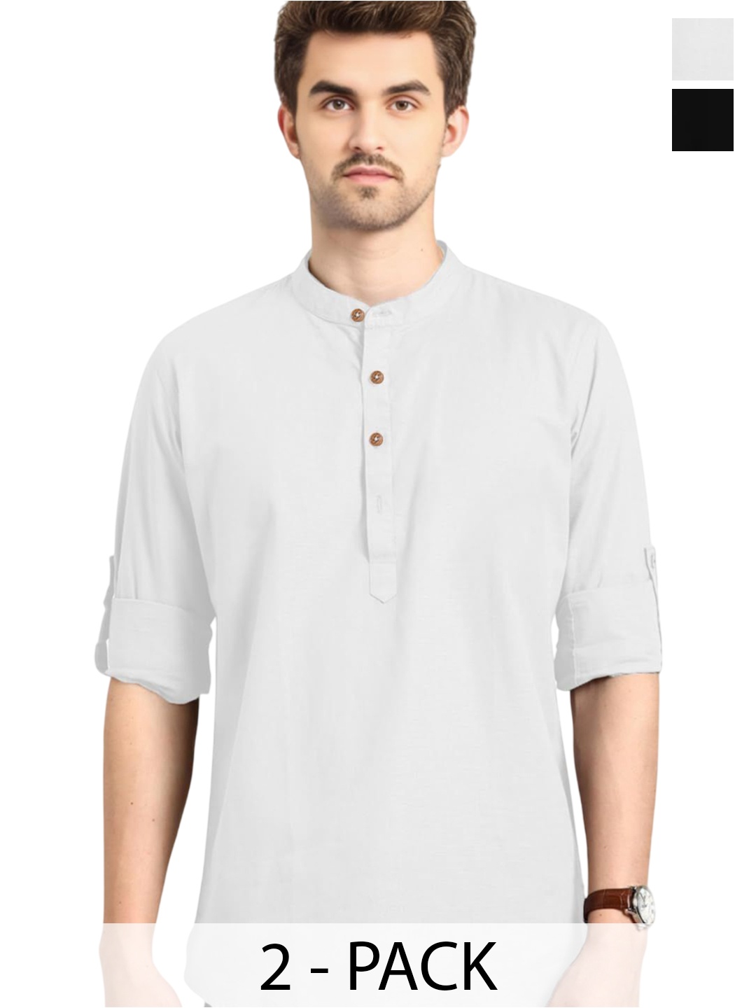 

Vida Loca Selection Of 2 Band Collar Rolled-Up Sleeves Slim Fit Pure Cotton Short Kurta, White