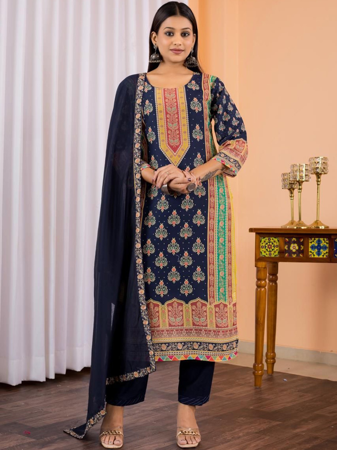 

FVD Floral Printed Round Neck Chanderi Silk Straight Kurta With Trousers & Dupatta, Navy blue