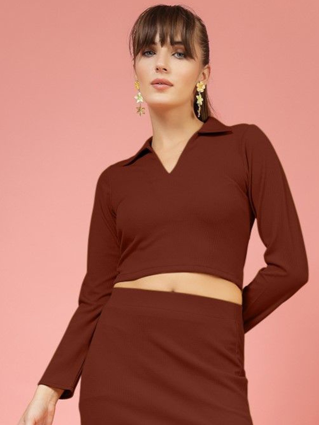 

DressBerry Women Shirt Collar Fitted Crop Top, Brown