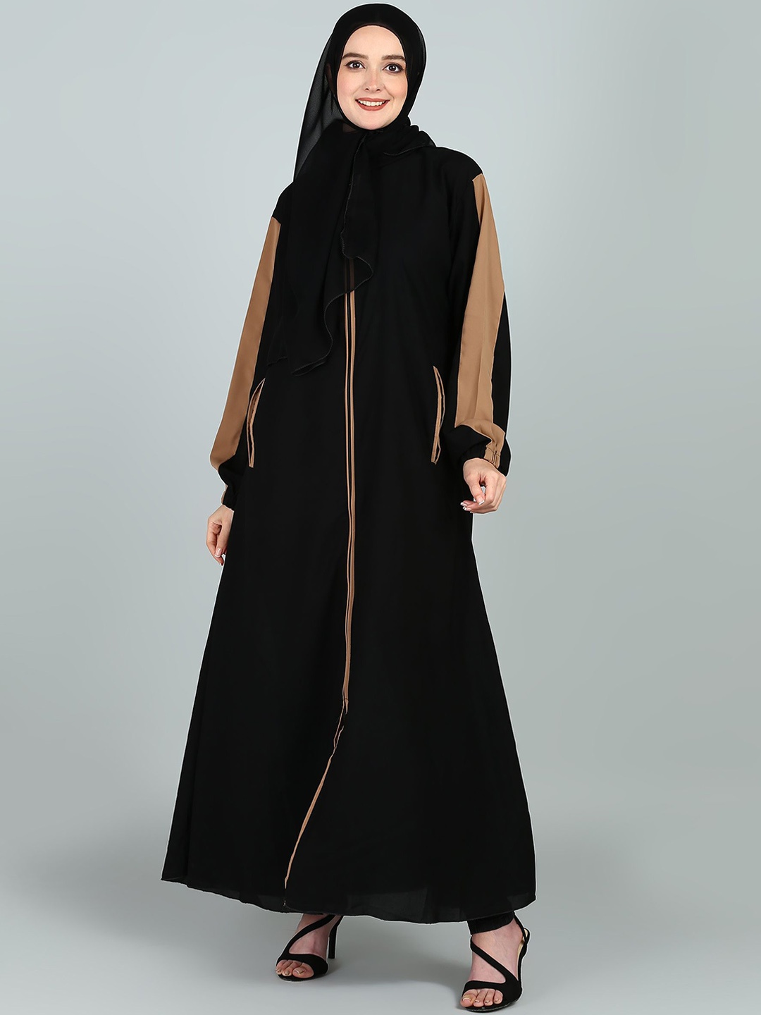 

BROKE BRAND Full Zipper Sportswear Abaya With Side Pockets, Black