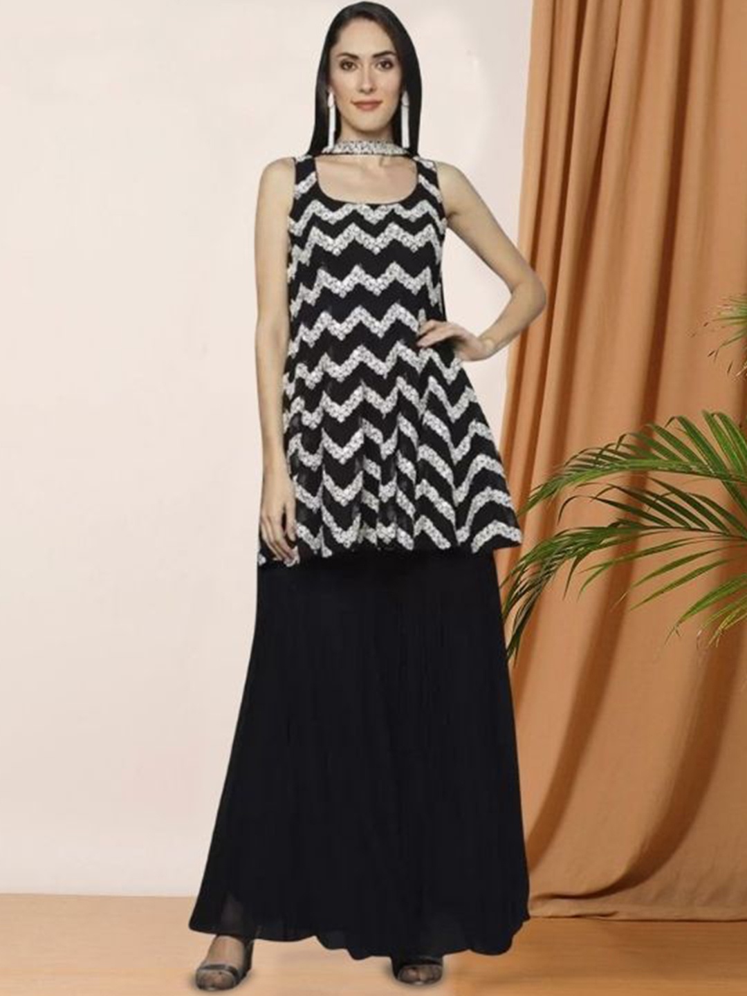 

PARROT CREATION Floral Embroidered Sequinned Georgette Kurti With Sharara And Dupatta, Black
