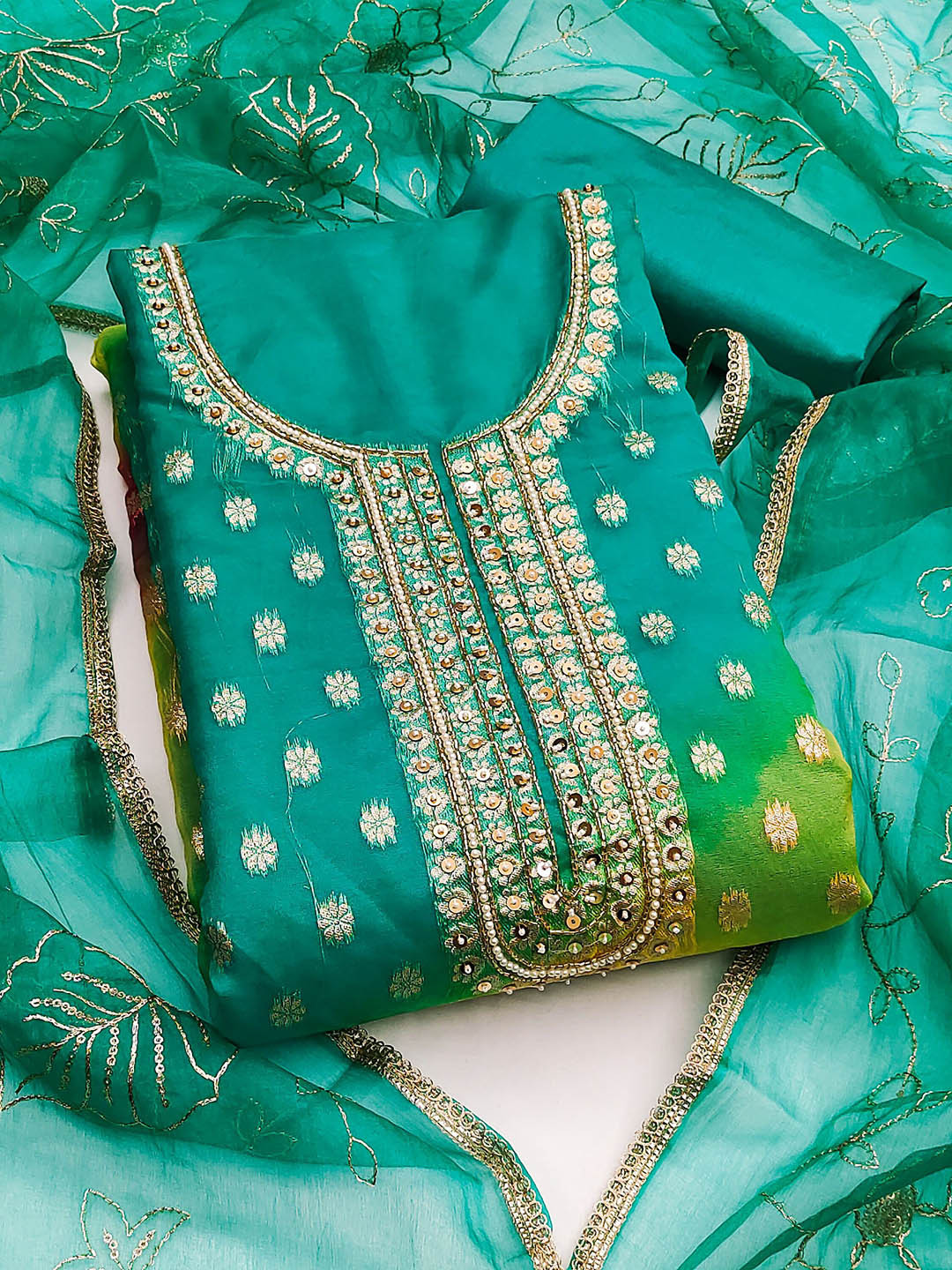 

SAINOOR Woven Design Organza Semi-Stitched Dress Material, Green