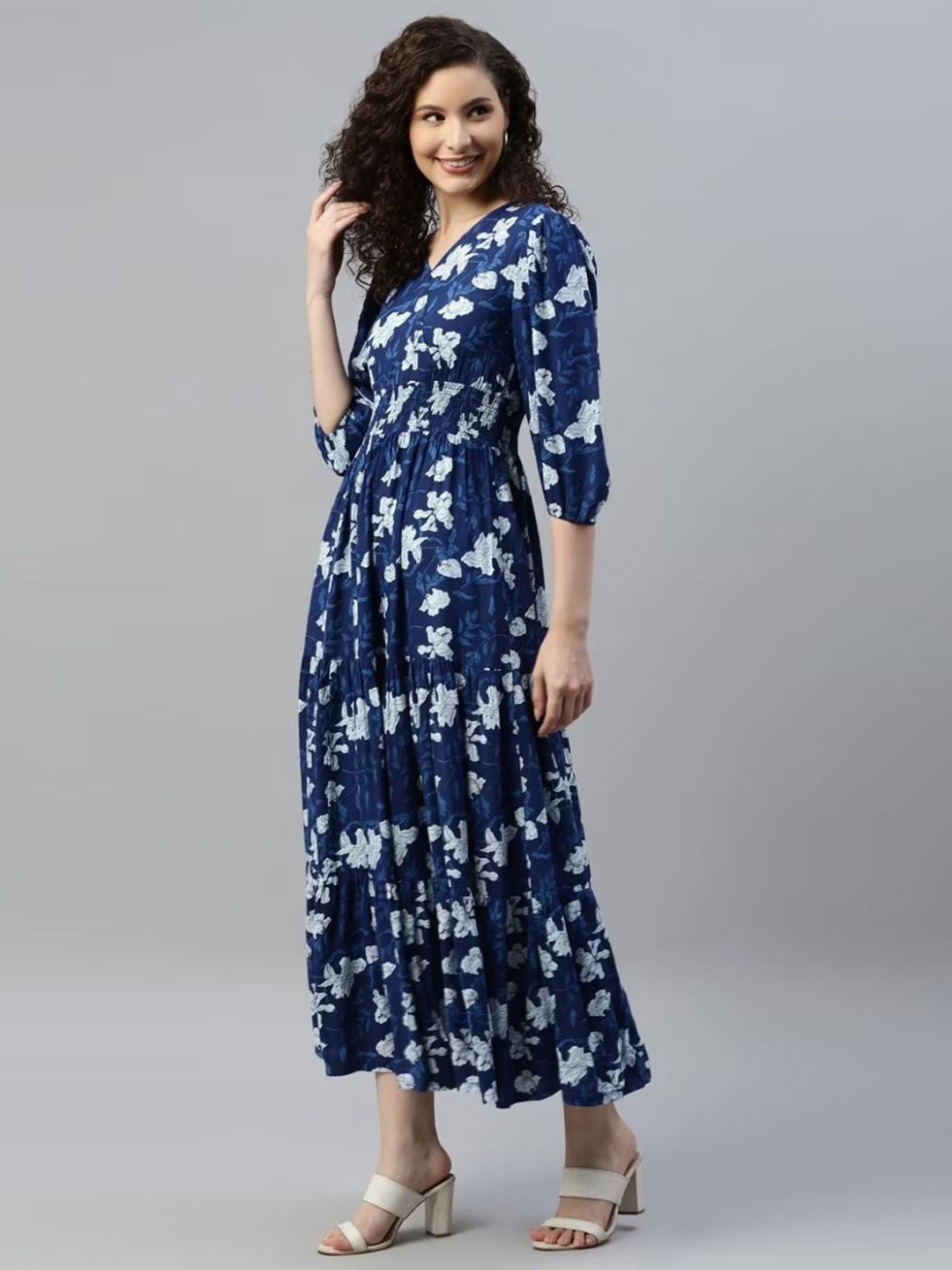 

Raiyani Enterprise Women Floral Print V-Neck Smocked Fit & Flare Maxi Dress, Navy blue