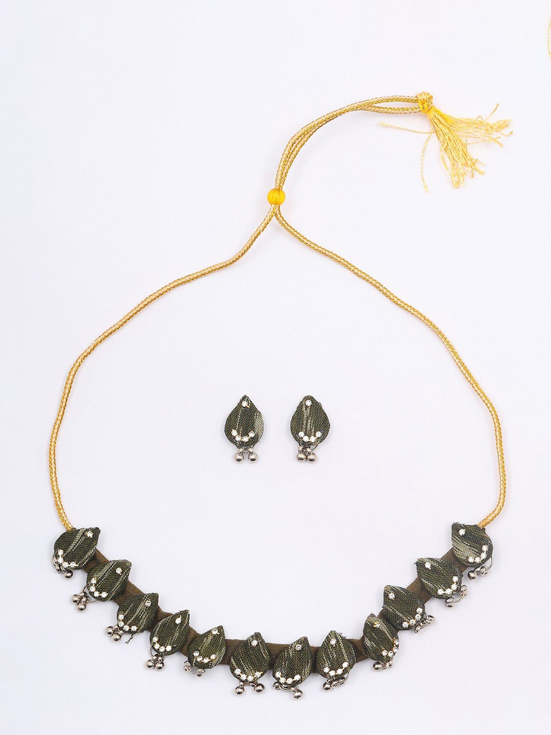 

Exotic India Stone Studded Sambalpuri Fabric Choker Set with Earrings with Dangling Beads, Gold