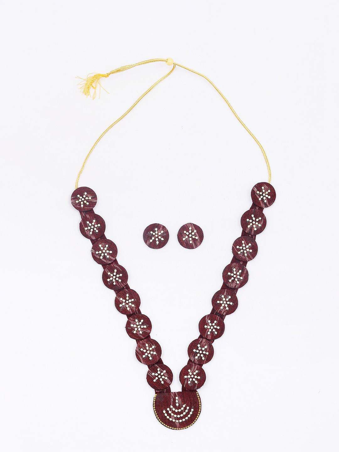 

Exotic India Stone Studded Handloom Sambalpuri Fabric Long Necklace and Earrings Set, Gold