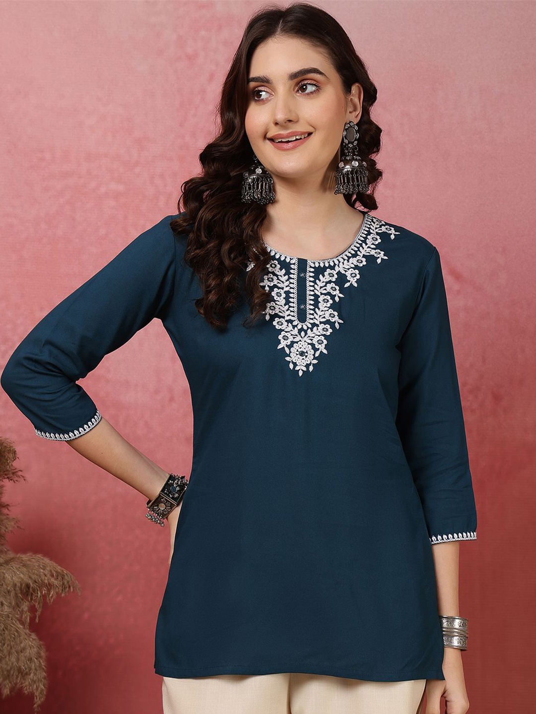 

NISHABD Women Embroidered Round Neck Cotton Tunic, Teal