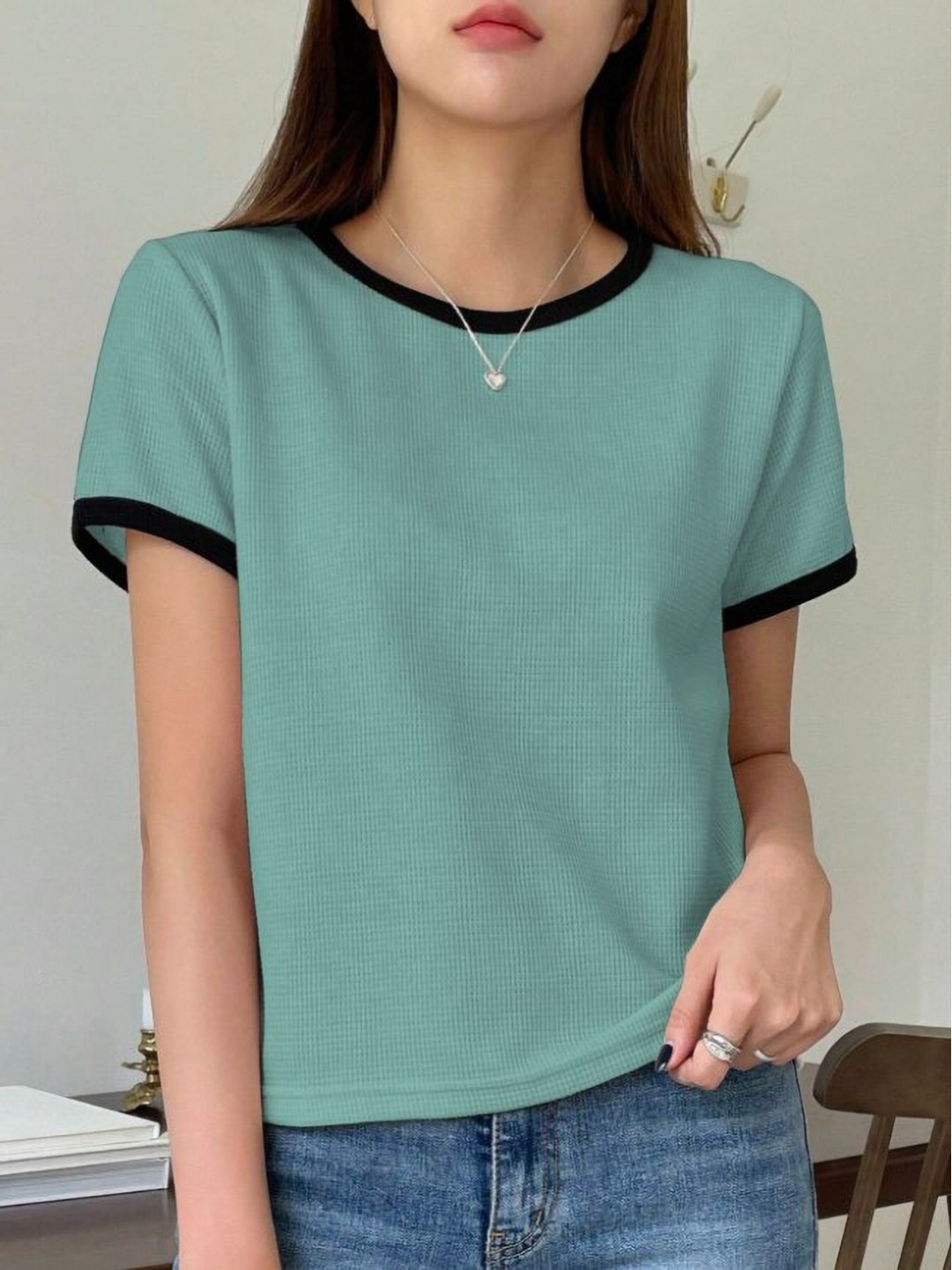 

Ajolli Women Solid Round Neck Cotton T-shirt, Green