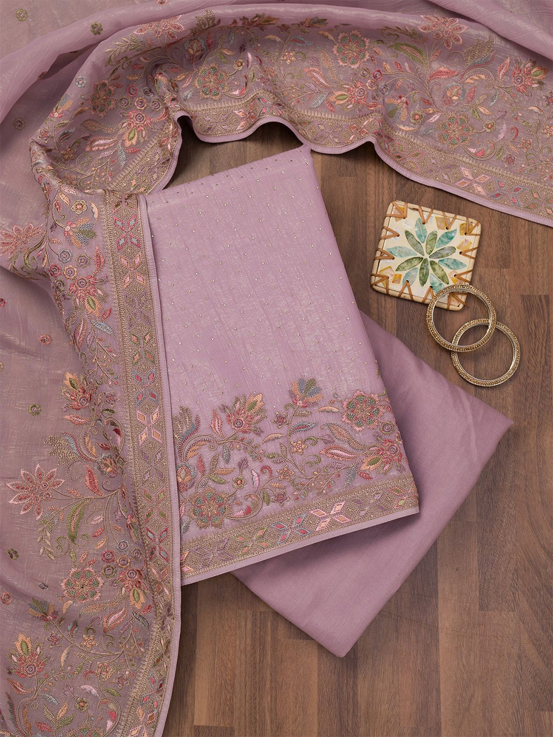 

Koskii Floral Embroidered Sequinned Unstitched Dress Material, Purple