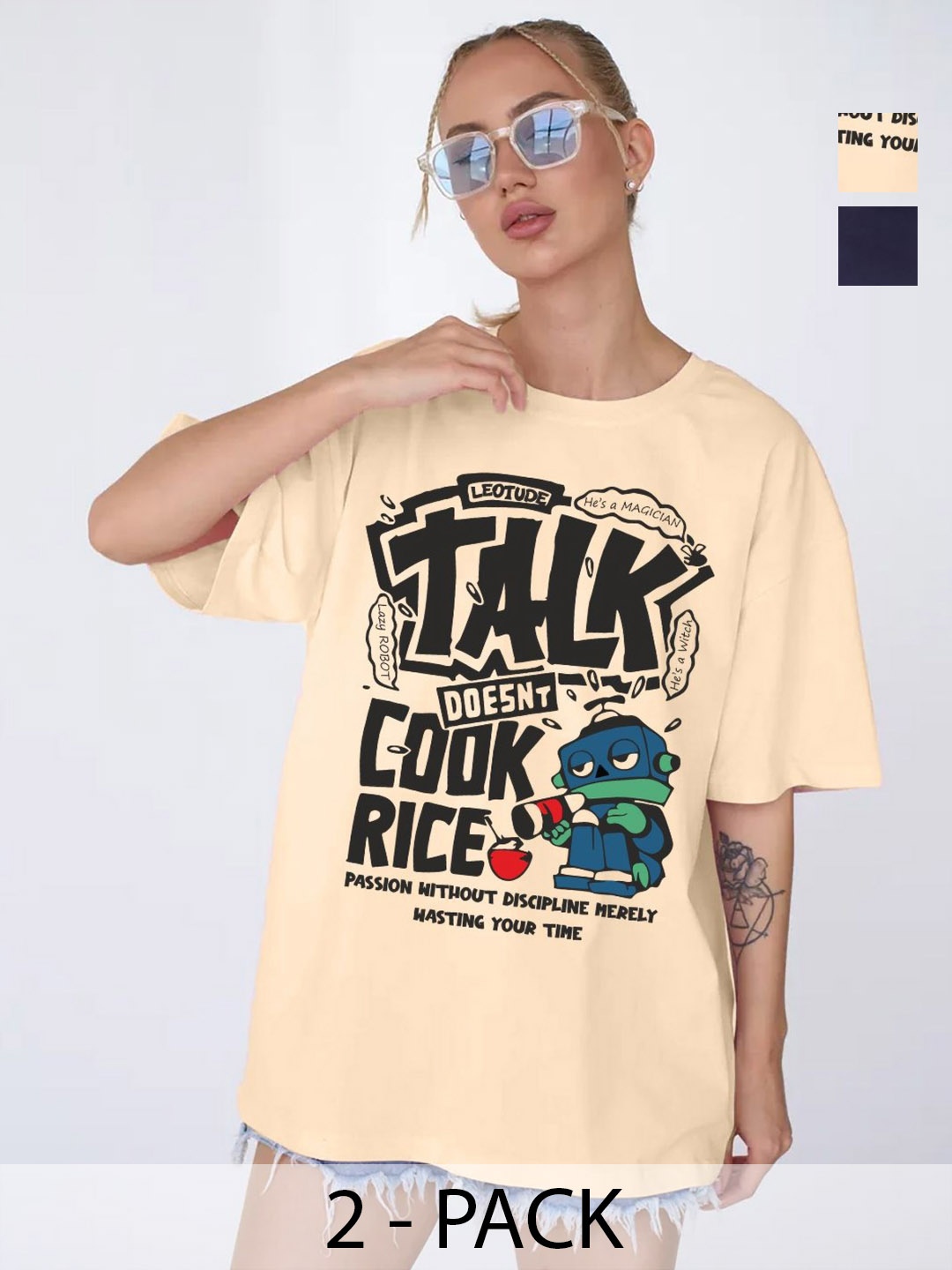 

Leotude Women Pack Of 2 Graphic Printed Round Neck Cotton Oversized T-shirts, Beige