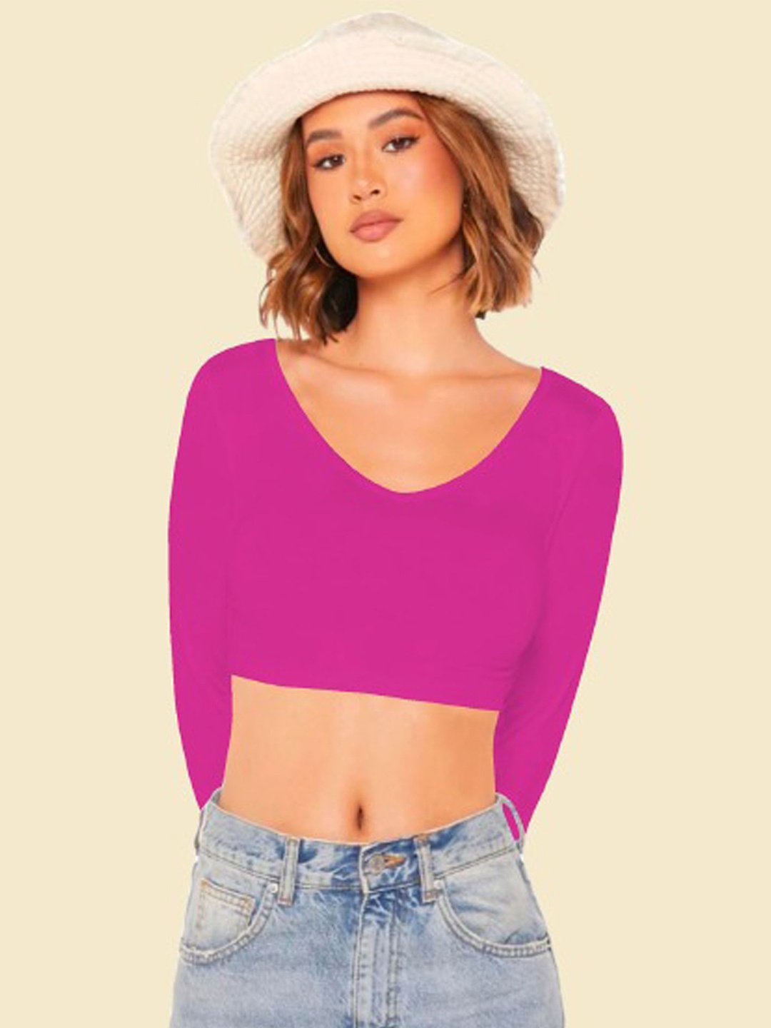 

Dream Beauty Fashion Women V Neck Long Sleeves Crop Fitted Top, Pink