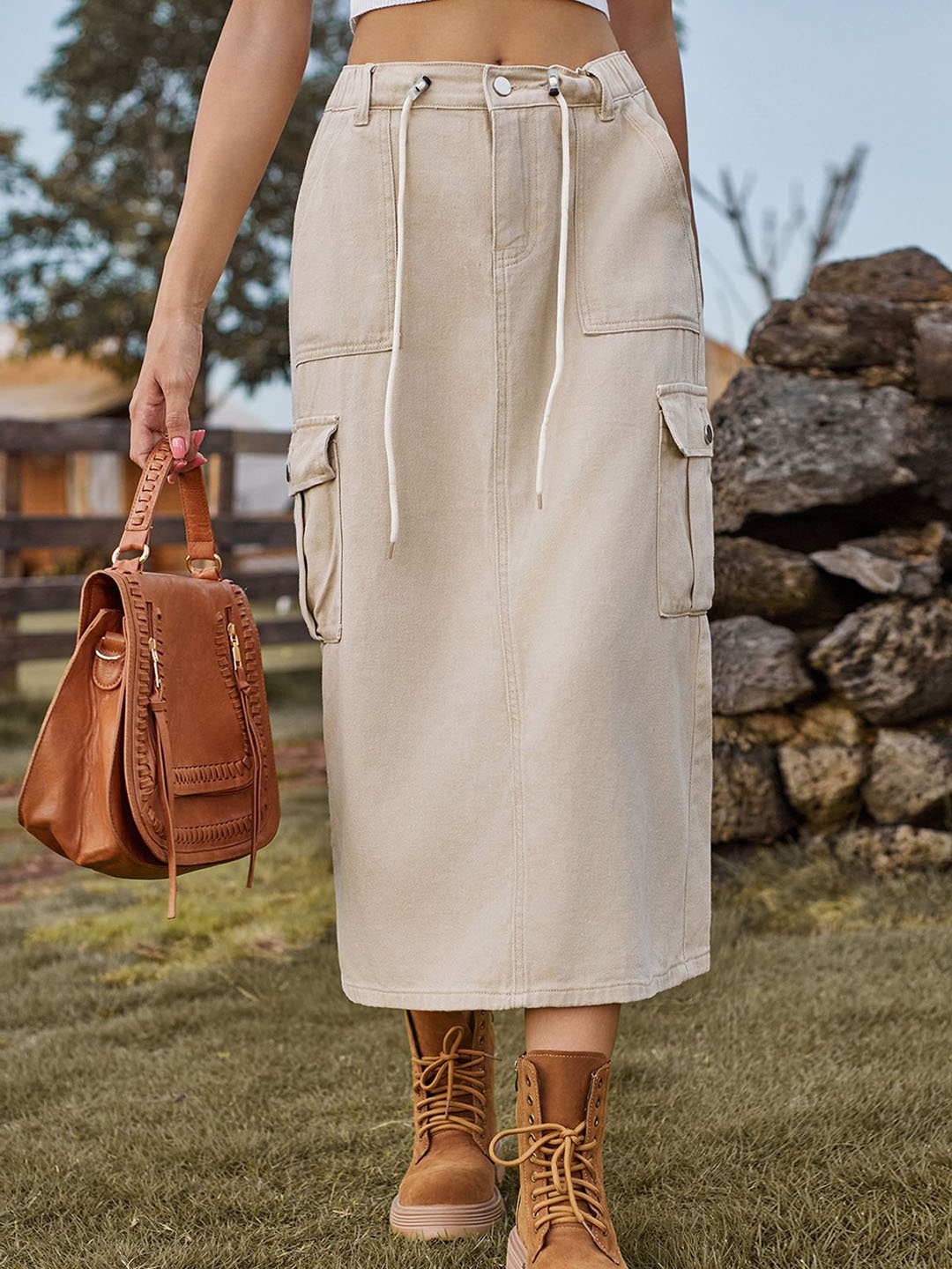 

StyleCast Denim A-line Midi Skirts, Beige