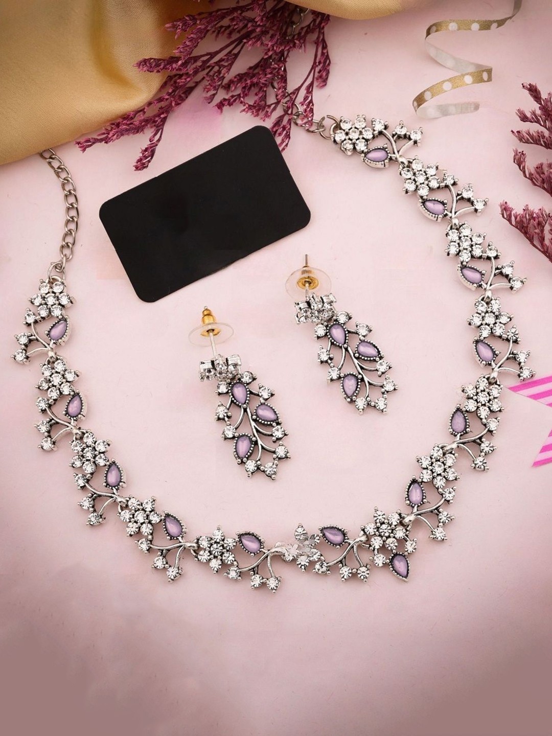 

Anouk Silver-Plated American Diamonds Studded Necklace With Earrings