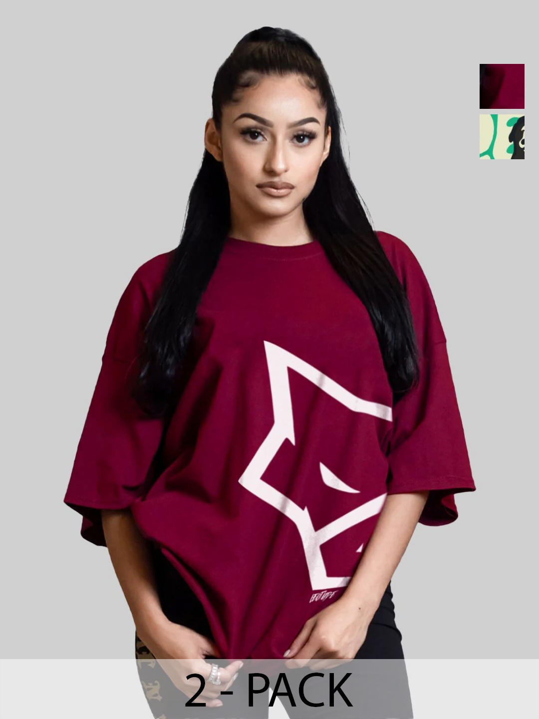

Leotude Women Pack Of 2 Graphic Printed Round Neck Cotton Oversized T-shirts, Burgundy