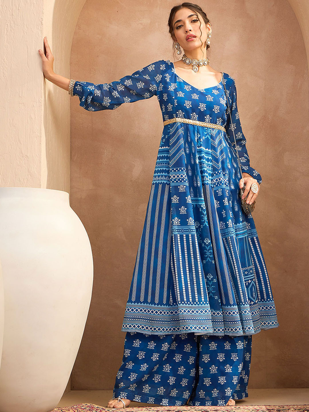 

Shae by SASSAFRAS Floral Printed Anarkali Kurta with Palazzos, Blue
