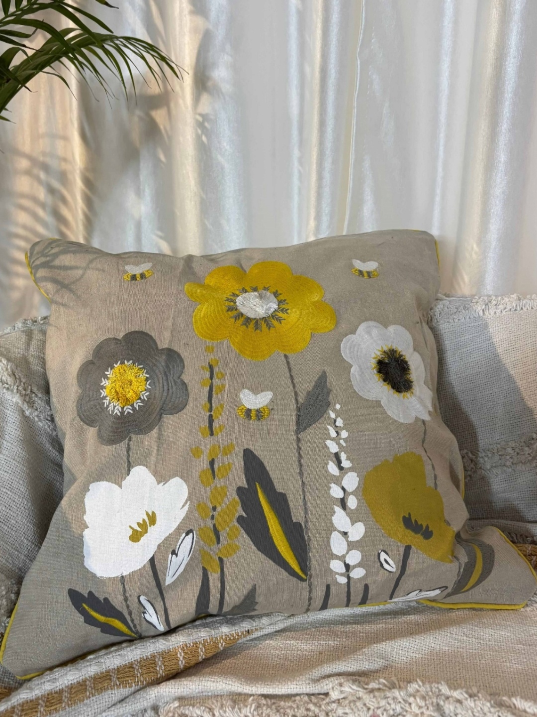 

LUSHLYF Tufted Beige & Yellow Floral Embroidered Cotton Square Cushion Covers