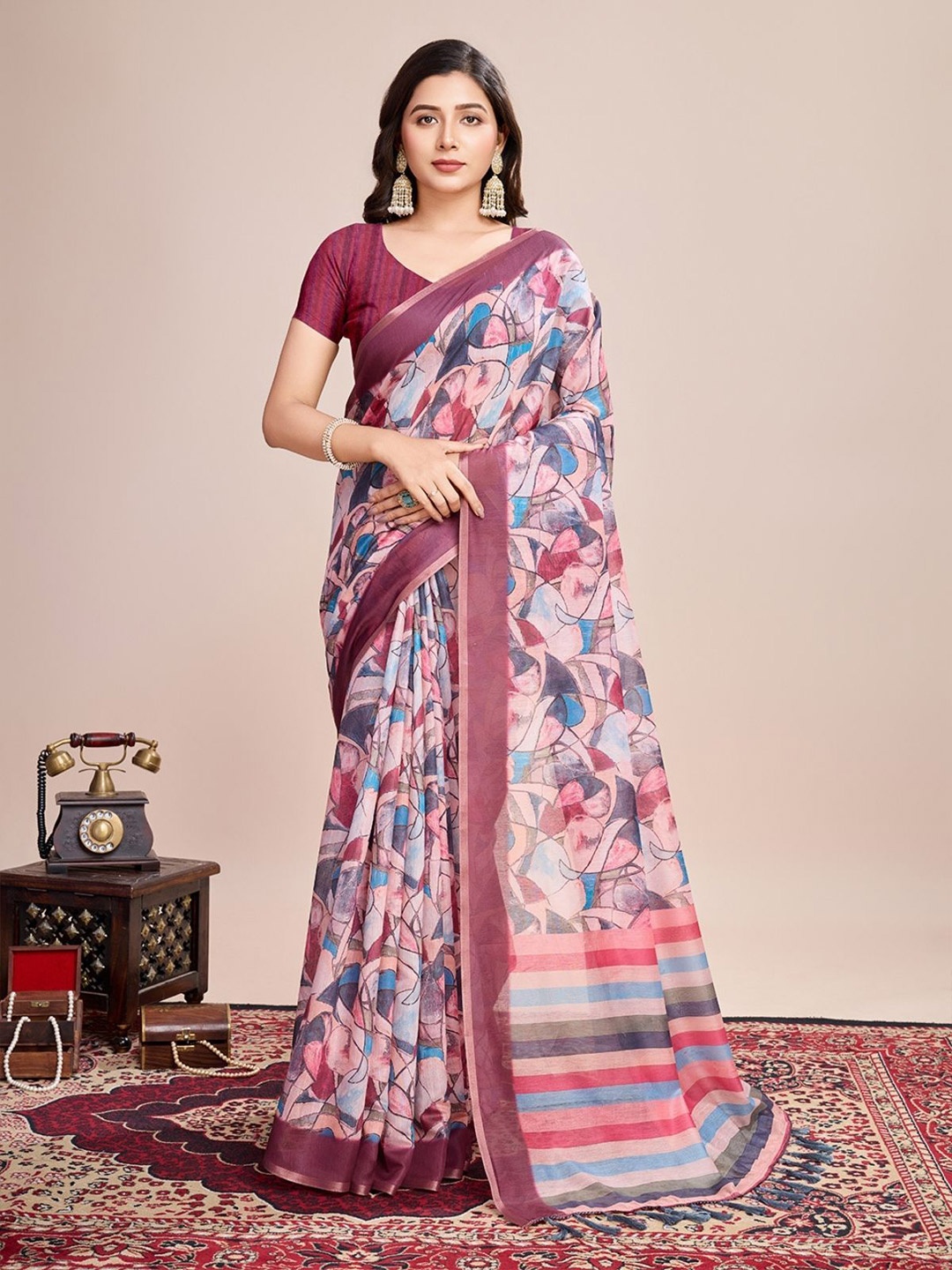 

ODETTE Multicolor Linen Printed Saree With Unstitched Blouse For Women, Maroon