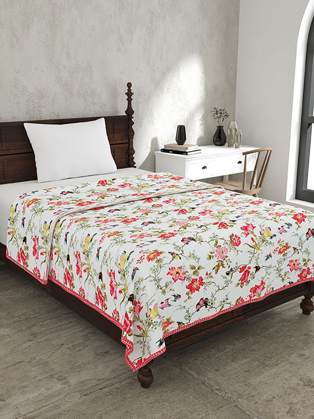 

BELLA CASA White & PInk Floral Printed Cotton 110 GSM AC Room Single Bed Dohar