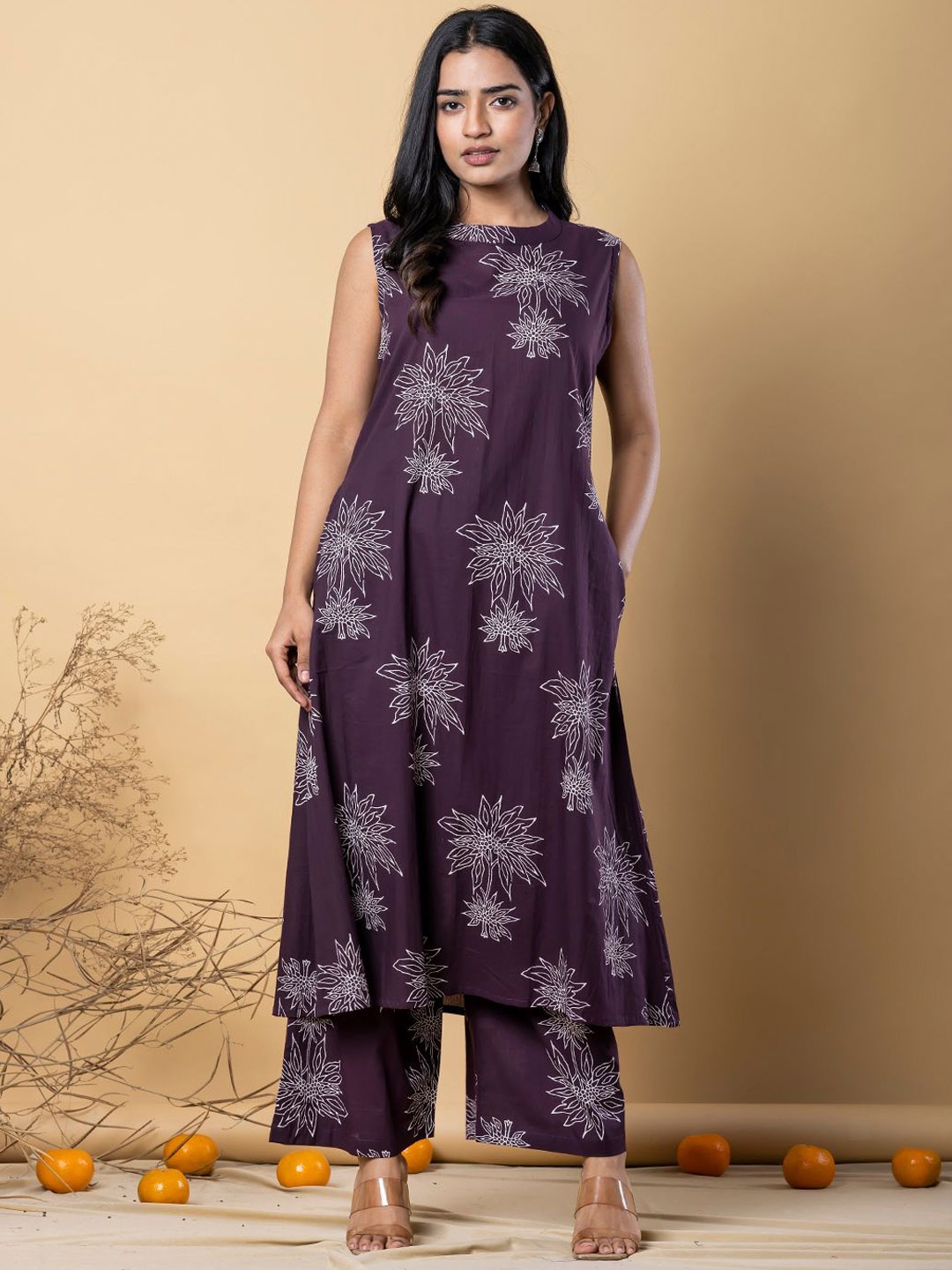 

Readiprint Floral Printed Sleeveless Pure Cotton A-Line Kurta With Palazzos, Purple