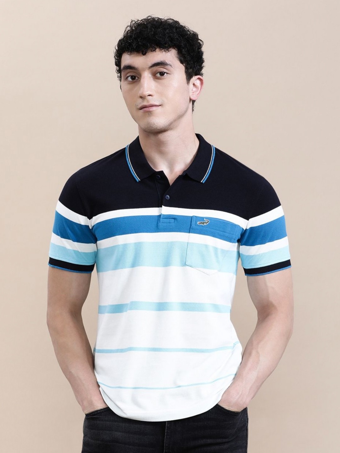

Crocodile Men Eng Stripe Slim Fit Polo T-shirt, Navy blue